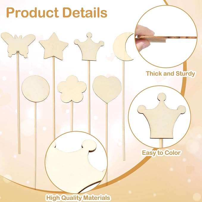 14 pcs Princess Wand Theme Undyed Wooden Cutouts Flower Crown Butterfly Star - Image 3