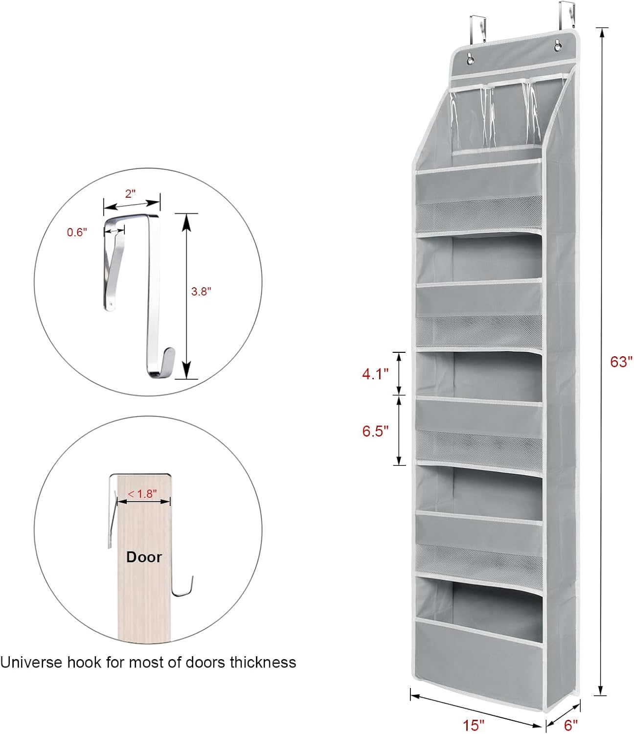 Univivi 6-Shelf Over Door Hanging Organizer Fabric Baby Door Storage with 5 Large Pockets and 3 Small PVC Pockets Wall Mount Hanging Storage Organizers for Baby Essential (Grey)
