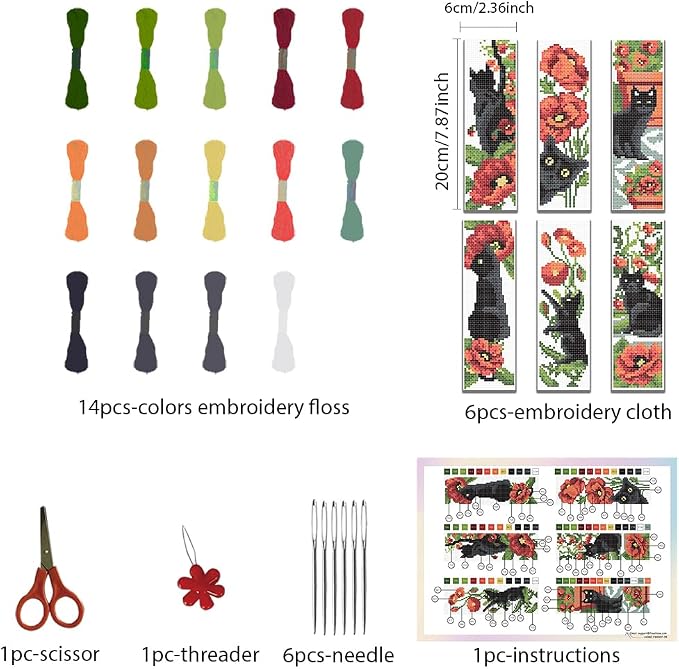 FREEBLOSS 6Pcs Cross Stitch Bookmark Kits Cat Stamped Embroidery Bookmarks - Image 2
