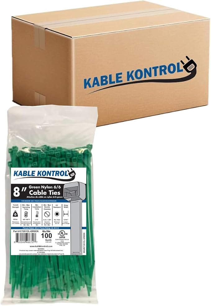 Kable Kontrol Green Zip Ties 8 Inch 10, 50 Lbs Tensile Strength, Bulk Pack by KABLEKONTROL%C2%AE