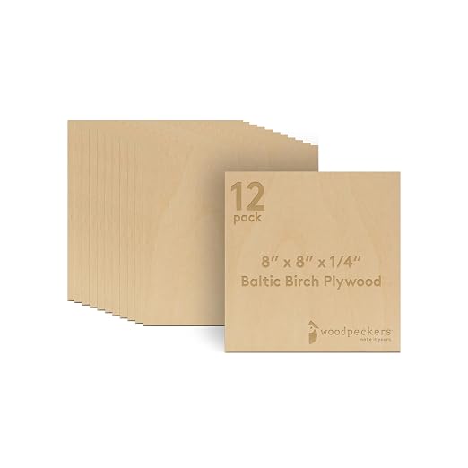 6 mm Baltic Birch Plywood 1/4 x 8 x 8 Inch, Box of 12 B/BB Grade Craft Wood by Woodpeckers