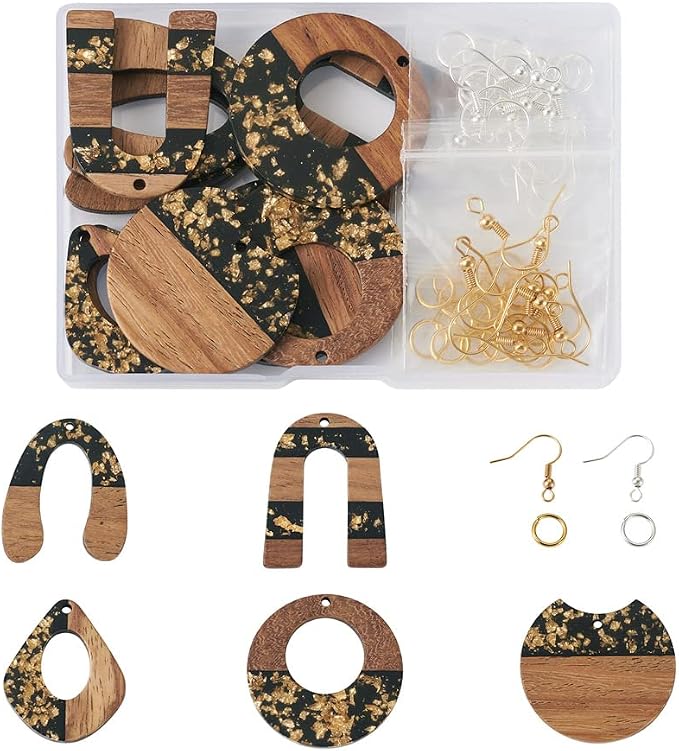 FASHEWELRY 10Pcs Resin Wood Earrings Charms Teardrop Flat Round Wooden Earring - Image 7
