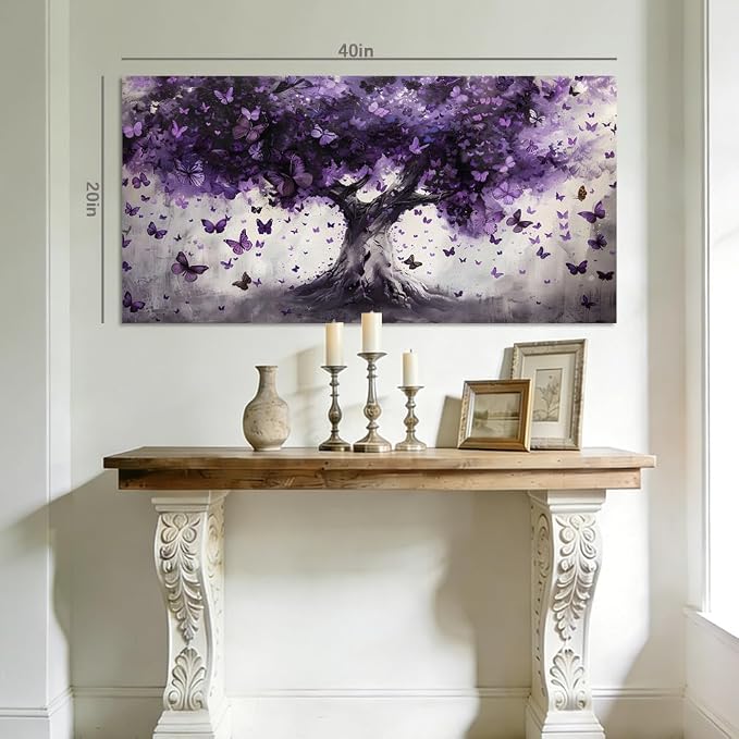 ZESTRILIA Dreamy Purple Butterflies Tree Canvas Wall Art, Enchanted Mystical - Image 8
