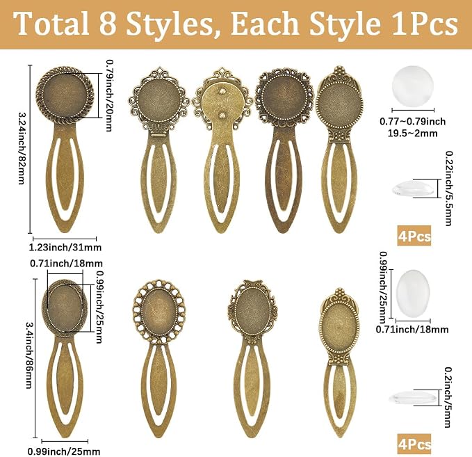 SUNNYCLUE 1 Box 16pcs 8styles Blank Metal Bookmarks Bulk Antique Bookmark Glass - Image 2