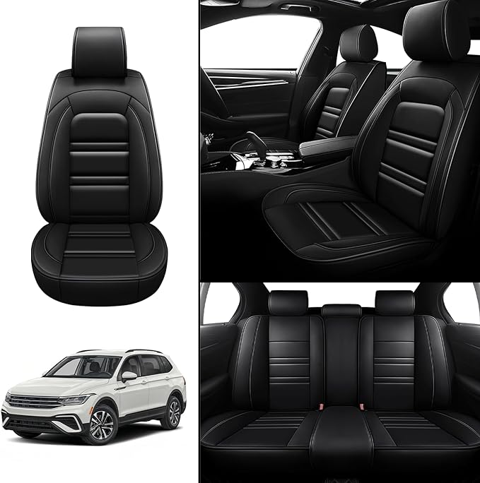 Seat Covers for VW Car tiguan 2009-2025 | 5-Seats Leather Seat Covers, Easy to Install Automotive Seat Covers Full Set (Full Set, Black)