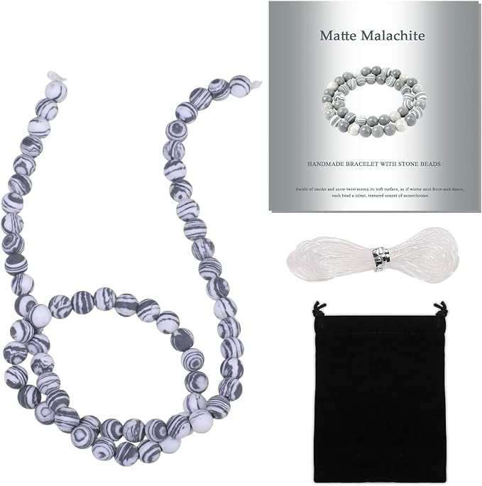 6mm Matte Black and White Malachite Bead, 15-Inch Matte Round Loose Stone Beads by THRELE