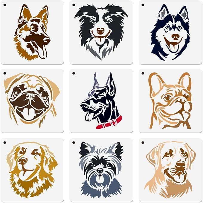9Pcs Dog Head Stencils for Painting, 7.9"x 7.9" Reusable Bulldog Husky Labrador by Doodlream