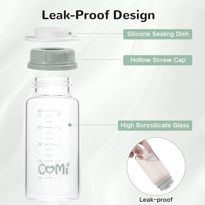 COMI Natural Glass Baby Bottle,Standard Neck Breastmilk Storage Bottle for Fridge,Breast Milk Container,Breast Pump Bottle Compatible with Medela Breast Pump,BPA Free,4PCS (5oz, 2 Gray+2 Pink)