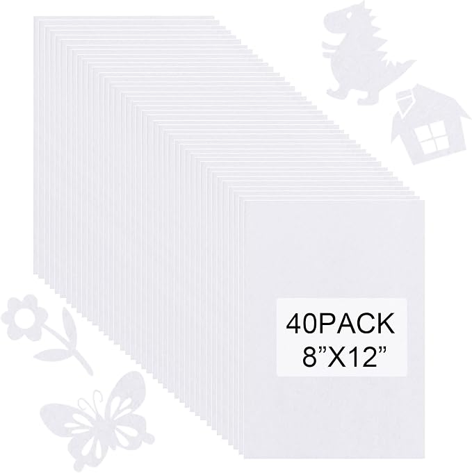 40 Pcs Stiff Felt Fabric Sheet for Crafts, 1mm Thick and 8”x12”White Felt by Tiparts