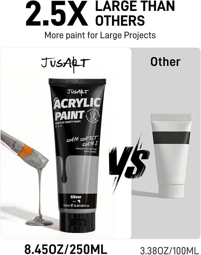 JusArt Metallic Silver Acrylic Paint, 8.45oz/250ml Large Tube, Heavy Body Rich - Image 4