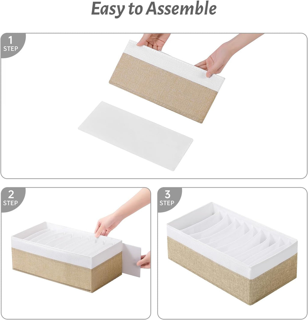 4 Packs T-shirt Drawer Organizers for Clothing,10 Grids Compartment Wardrobe Storage Box, Clothes Organizer for Folded Clothes, T-shirt, Legging-15.75''x9.06''x5.91-BeigeWhite