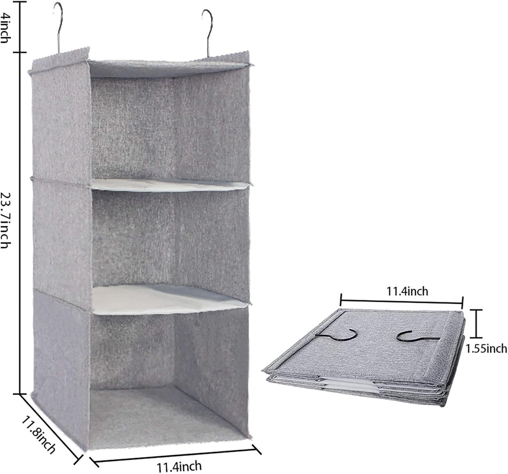 Hanging Closet Organizer, Easy Mount Collapsible 3-Shelf Camper Closet Wardrobe Hanging Storage Shelves, Folded Clothes Towels Handbag Shoes Accessories Storage, Linen Cloth, Gray