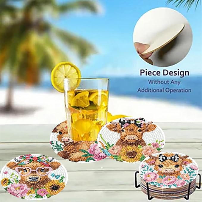 8 Pack Diamond Art Coasters, Highland Cow Diamond Painting Coasters Kits | Cow - Image 4