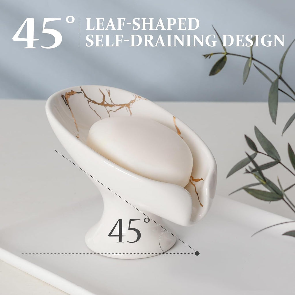 Soap Dish Set, Self Draining Bar Soap Holder for Bathroom Sink, Leaf Shaped Drainage Ceramic White Marble Porcelain Soap Dishes, Kitchen Decorative Soap Dish 2PACK, ANTIS'S HOME