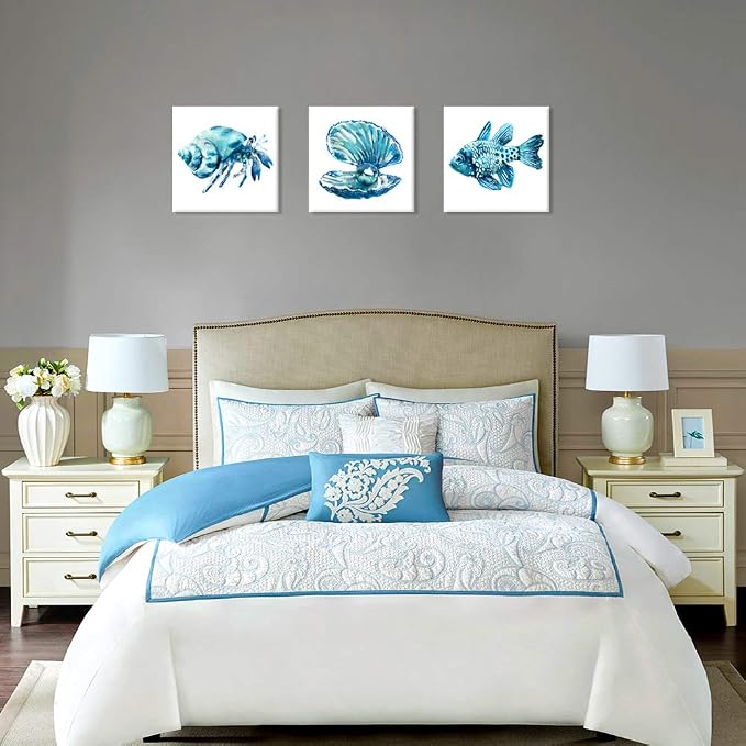JAPO ART -Ocean Art Prints Tropical Wall Art Wall Blue Fish Blue Shells Hermit - Image 3