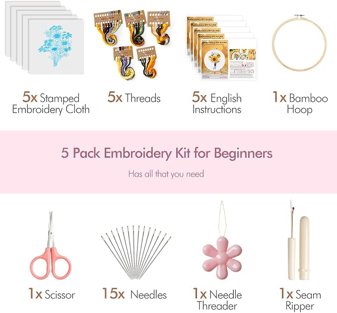 5 Pack embroidery kit for beginners Adults DIY Starter Kit, Sunflower Gifts for - Image 4