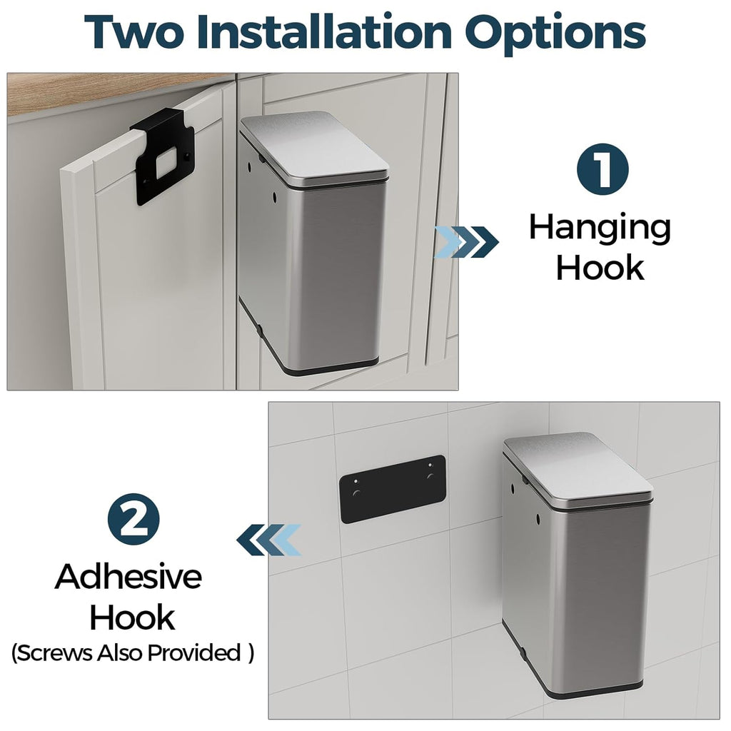Stainless Steel Hanging Trash Can with Lid and Inner Bucket, 2 Gallon Kitchen Compost Bin for Counter Top, Under Sink or Wall Mount, Small Garbage Can for Cupboard/Bathroom/Bedroom/RV