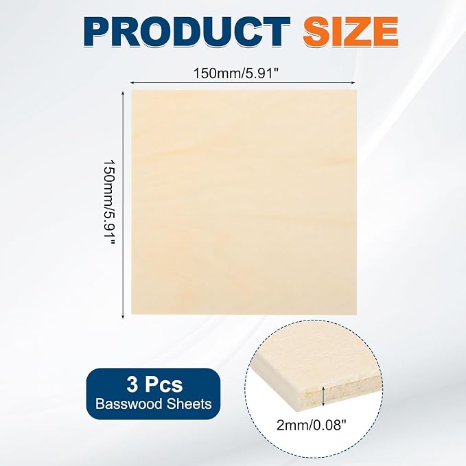 MECCANIXITY 3pcs Basswood Sheets 6 x 6 x 5/64 Inch Unfinished Wood Boards - Image 2
