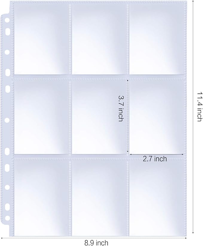 HERKKA Trading Card Sleeve Pages, 100 Pack 9 Pocket Album Pages 11 Holes Fit 3 - Image 2