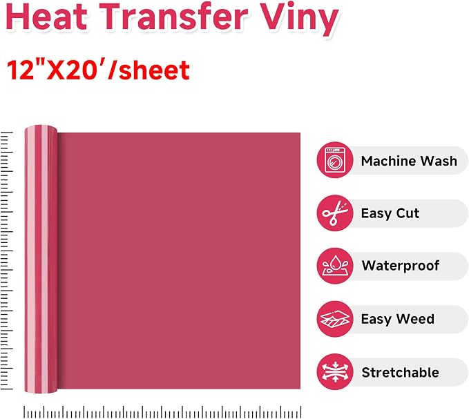 RENLITONG Rose Red Iron on Vinyl 12Inch by 20ft Roll Heat Transfer Vinyl - Image 2