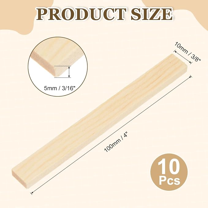 MECCANIXITY 10Pcs Wood Strips Slats, 3/16" x 3/8" x 4" Thin Wood Sticks Flat - Image 2