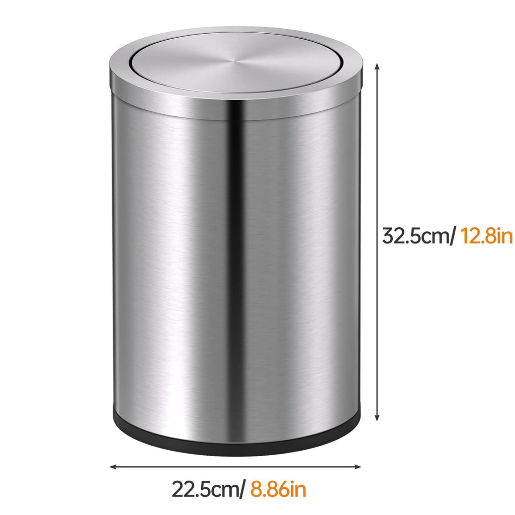 Mbillion Small Trash Can with Swing Lid 4 Gallons/15 Liter, Mini Trash Can with lid, Stainless Steel Cylindrical Garbage Can for Home and Office, for Ground and Desktop(Brushed Silver)