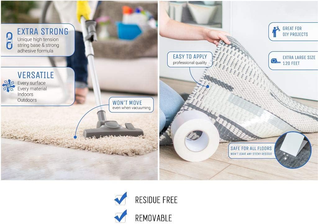 Strongest Double Sided Carpet Tape, 2 Inch by 40 Yard, 120 feet! 2X More! 5 Stars Professional Grade, Industrial Strength, Heavy Duty Rug and Carpet Underlayment Adhesive