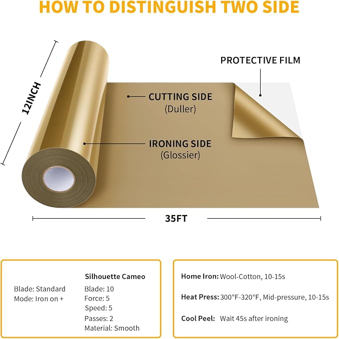 VinylRus Heat Transfer Vinyl-12” x 35FT Gold Iron on Vinyl Roll - Image 6