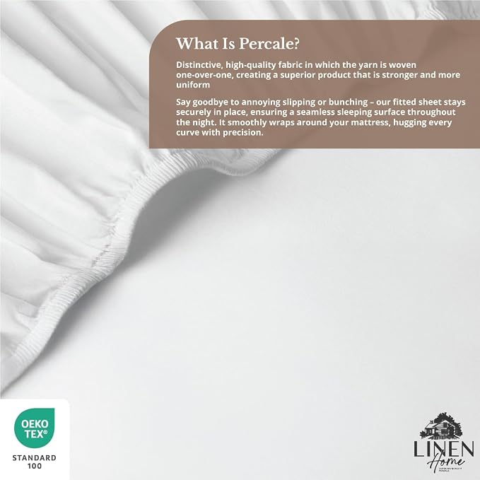 Linen Home 100% Cotton Percale Weave Fitted Sheet, King Size, Snow White - Image 5
