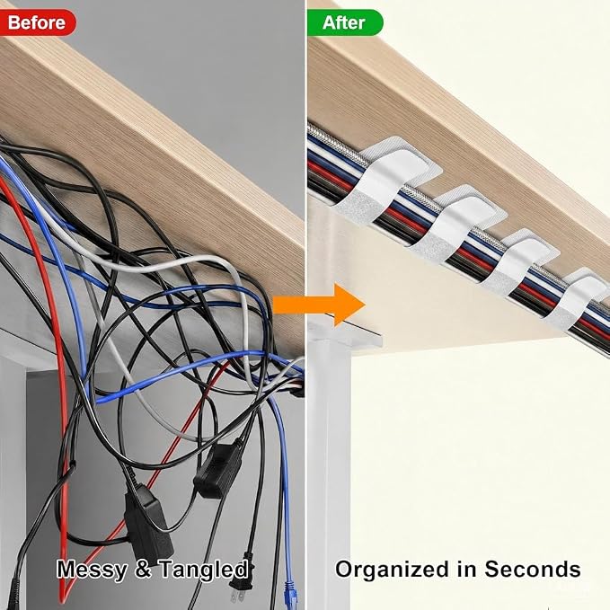 Cable Management Under Desk, 40 Pair Cord Organizer Straps | Reusable hook and - Image 2