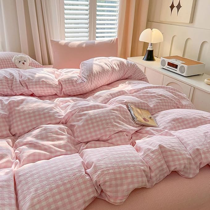 Nayoroom Gingham Duvet Cover Queen Size Pink White Plaid Checkered Comforter - Image 3