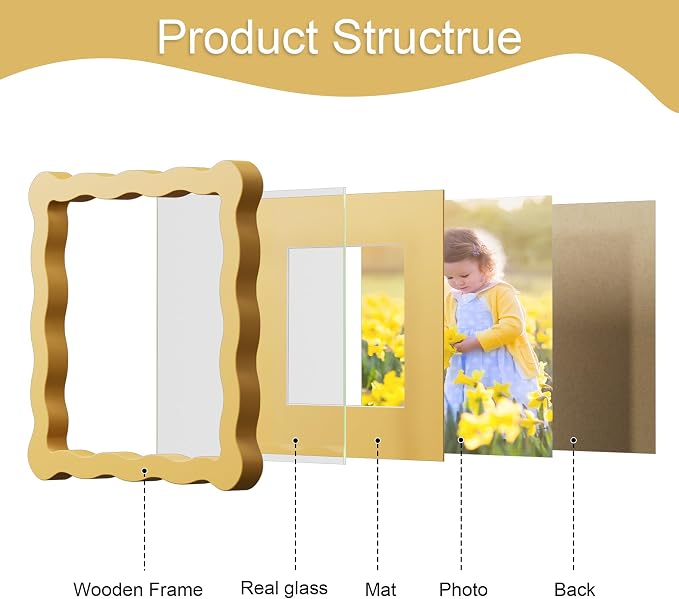 6x6 Picture Frame with Mat for 4x4, Wavy Edge Wooden Real Glass Photo Frame for - Image 5