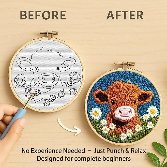 Minlend DIY Punch Needle Kit for Beginners – Highland Cow & Daisies Embroidery - Image 4