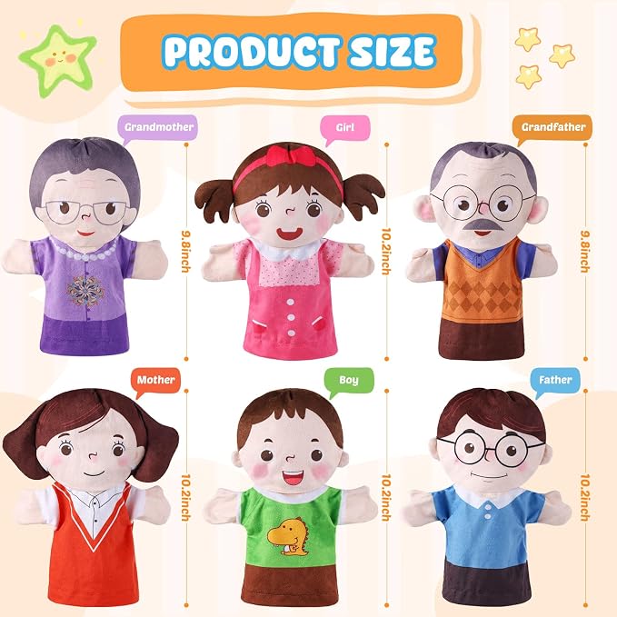 6 Pcs Family Hand Puppets 10 Inch Grandparents, Mom & Dad, Brother & Sister - Image 2