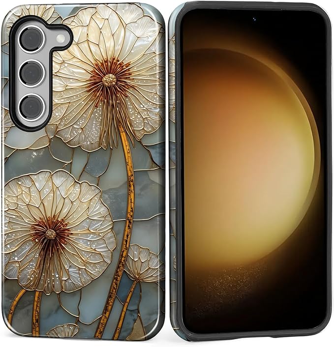 for Samsung Galaxy S23 Case, Dandelion Stained Glass Pattern Glossy 2 in 1 by Teonvpu