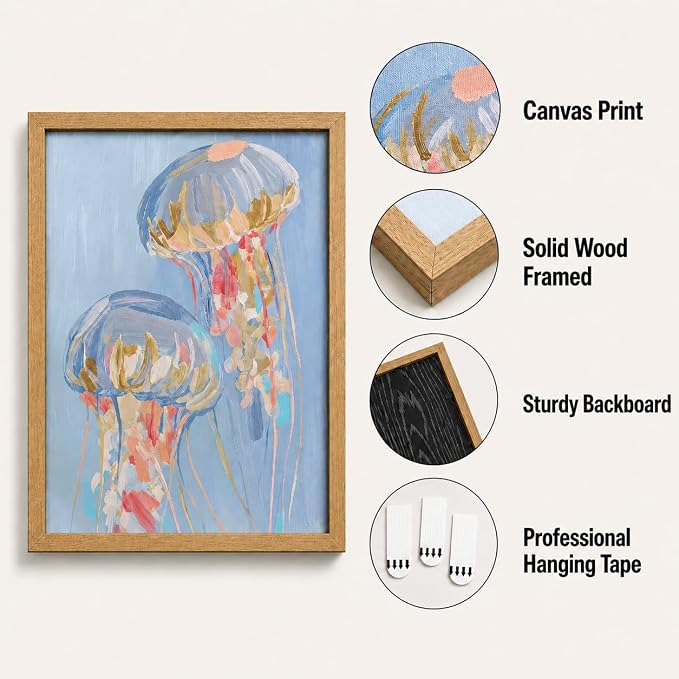 Framed Blue Jellyfish Canvas Wall Art, Ocean Painting Picture Wall Decor - Image 4