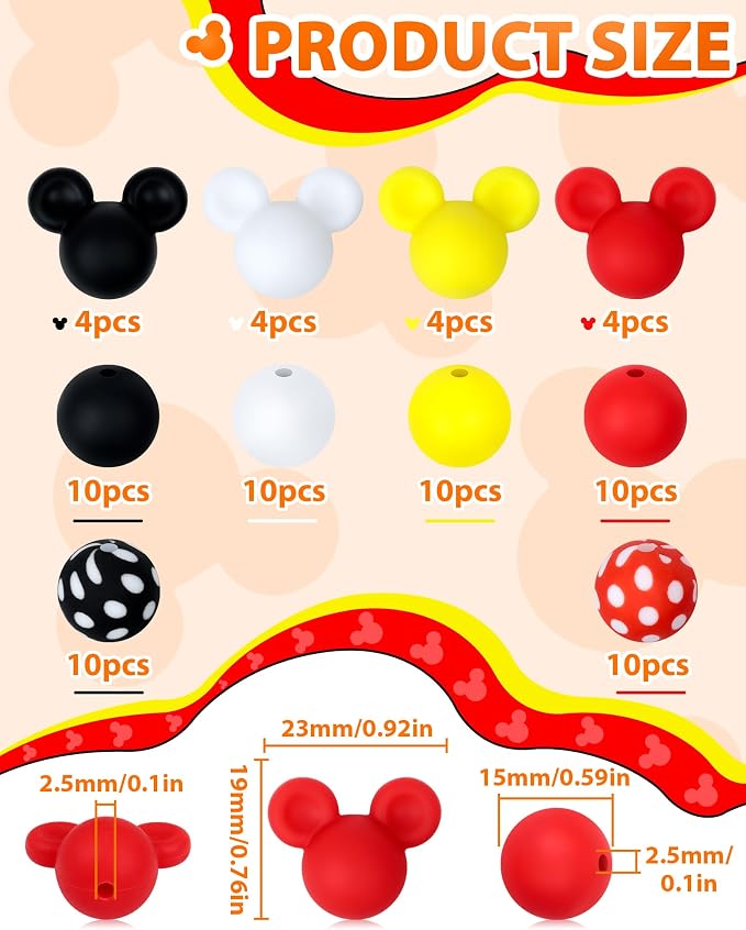 FIVEIZERO 76PCS Mouse Silicone Beads Kit | Mouse Ears & Round Beads, 4 Colors - Image 2