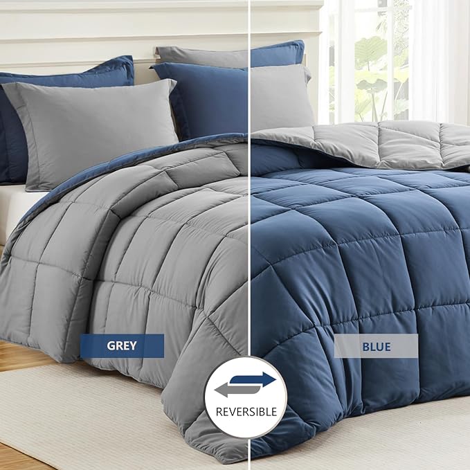 Homelike Moment Oversized Queen Comforter Set Blue, Lightweight Reversible Down - Image 2