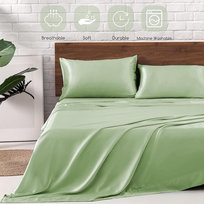 MR&HM Satin Bed Sheets with Elastic Corner Straps, King Size Sheets Set - Image 5