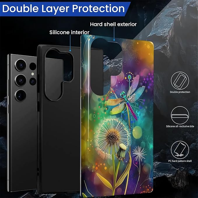 for Samsung Galaxy S23 Ultra Case, Dragonfly Dandelion Colorful Pattern Glossy - Image 2