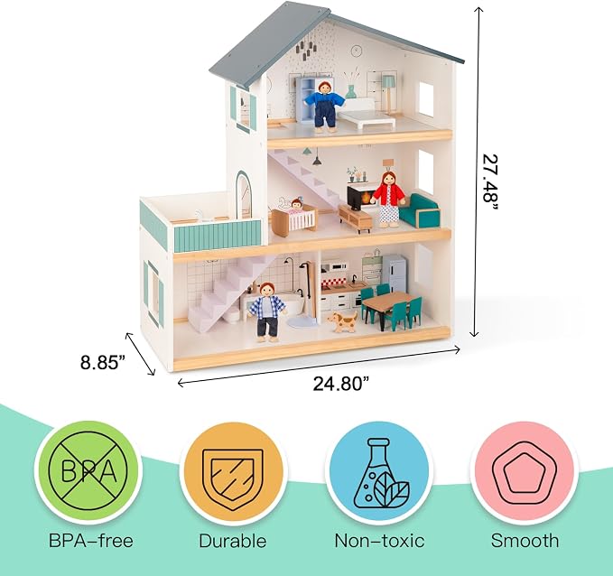 OOOK Wooden Dollhouse for Kids, Doll House - Image 7