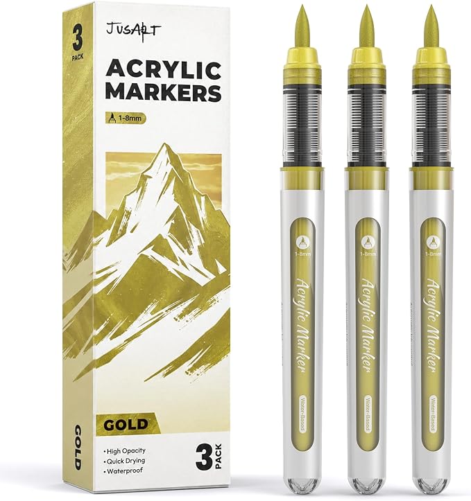 JusArt 3 Gold Acrylic Paint Markers Brush Tip, Water-Based Metallic Markers by JusArt%7CCreativeArtSupplies