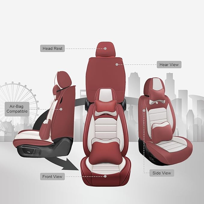 JOJ Car Seat Cover Fit for Toyota Highlander 2001-2025,7 Seat Car Seat Cover,No-Slip Waterproof Breathable Faux Leather,Full Set with Pillow Steering Wheel Covers,Cream Red