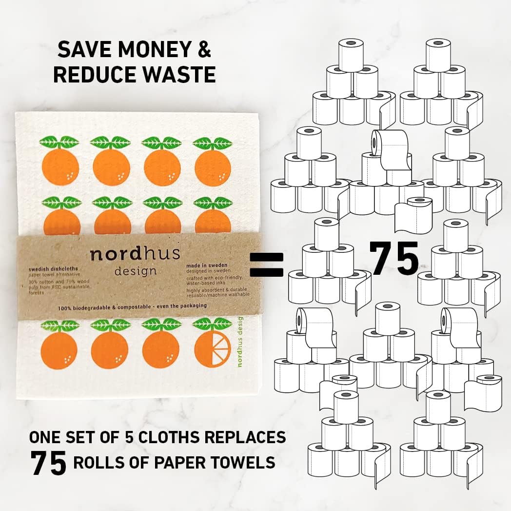 Nordhus Design Swedish Dishcloths, 5 Pack Oranges, Made in Sweden - Reusable, Washable Cellulose Cotton Kitchen Cloths - Replace Paper Towels, Wipes, Sponges, Dish Rags