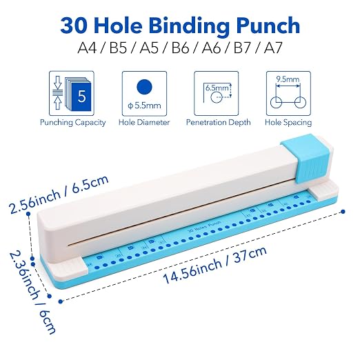 30 Holes Binding Punch, Loose Leaf Paper Punch Machine, Portable Hand Pushed - Image 6