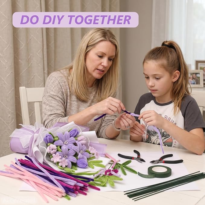 Cwczhi 600 PCS Pipe Cleaners Craft, 9 Colors Purple Pipe Cleaner Flower Kit | - Image 6