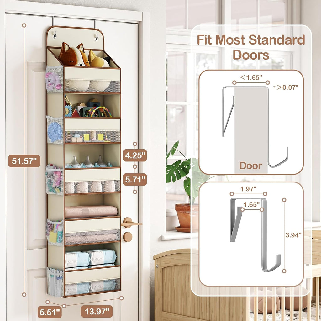 LAMU 5 Tier Over the Door Organizer Hanging, 5 Large Pockets and 10 Side Pockets Behind Door Storage for Baby Toys, 44lbs Back of Door Organizers Shelf for Closet, Nursery and Bathroom, 1 Pack (Beige)