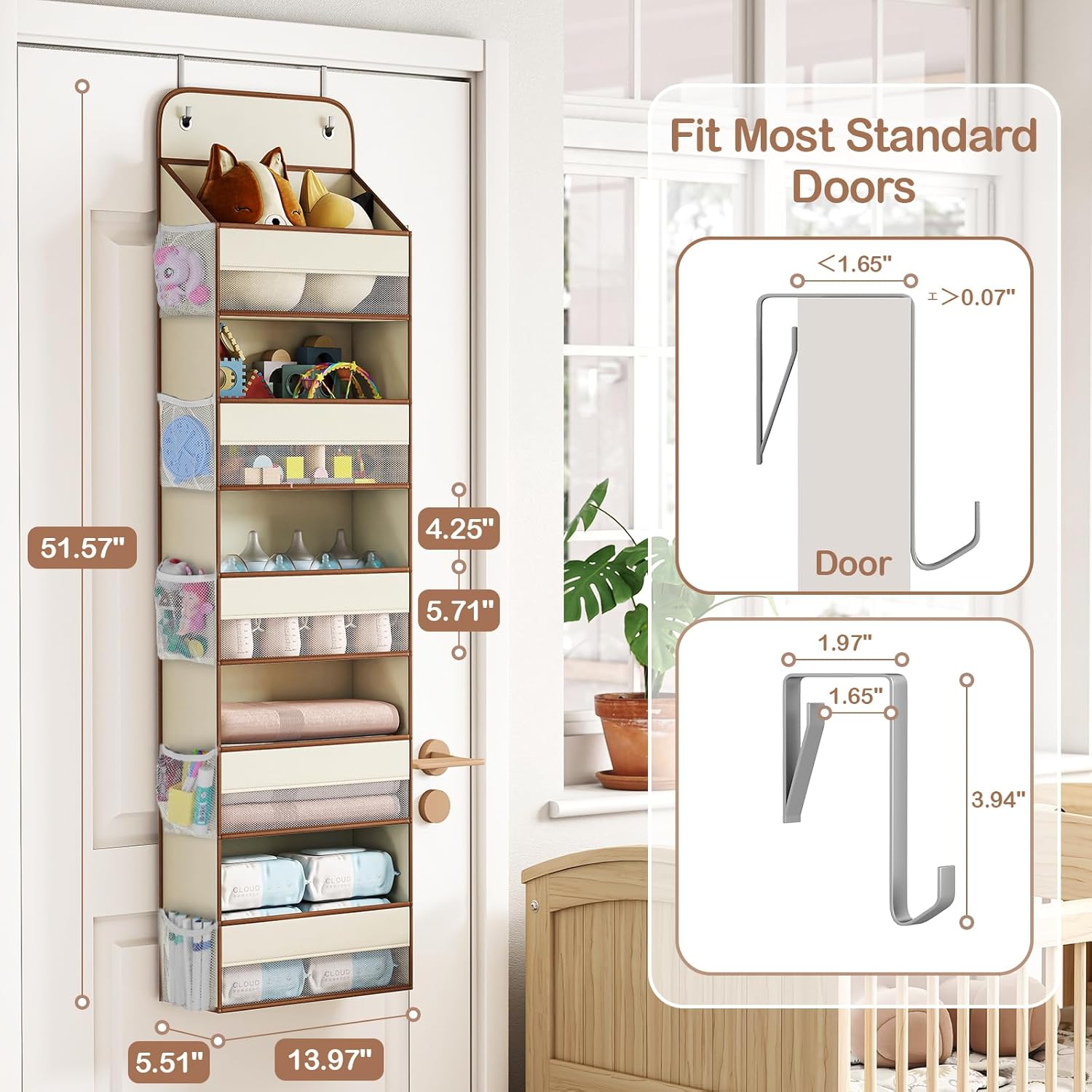 LAMU 5 Tier Over the Door Organizer Hanging, 5 Large Pockets and 10 Side Pockets Behind Door Storage for Baby Toys, 44lbs Back of Door Organizers Shelf for Closet, Nursery and Bathroom, 1 Pack (Beige)