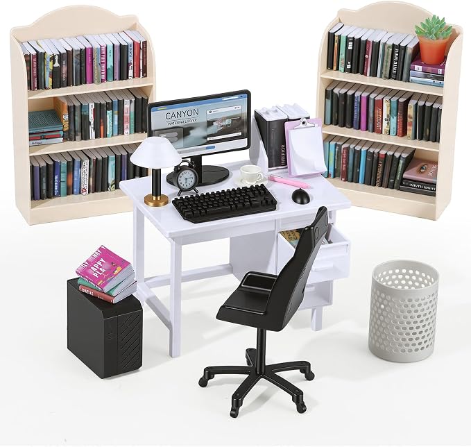 1:12 Scale Mini Desk Set with 100 Mini Books & 2 Bookshelves — Miniature by Unknown