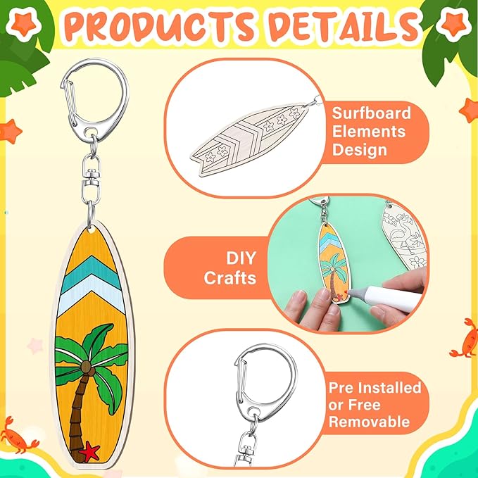 RattanView 24 Pcs Surfboard Craft Color Your Own Keychains Diy Craft Wooden - Image 3